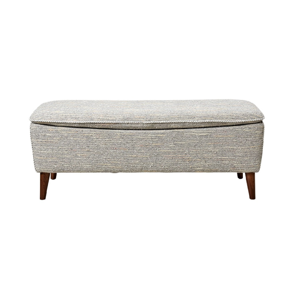 "Modern Grey Upholstered Storage Bench with Wooden Legs"