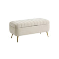 "Stylish Cream Upholstered Storage Bench with Gold Legs"
