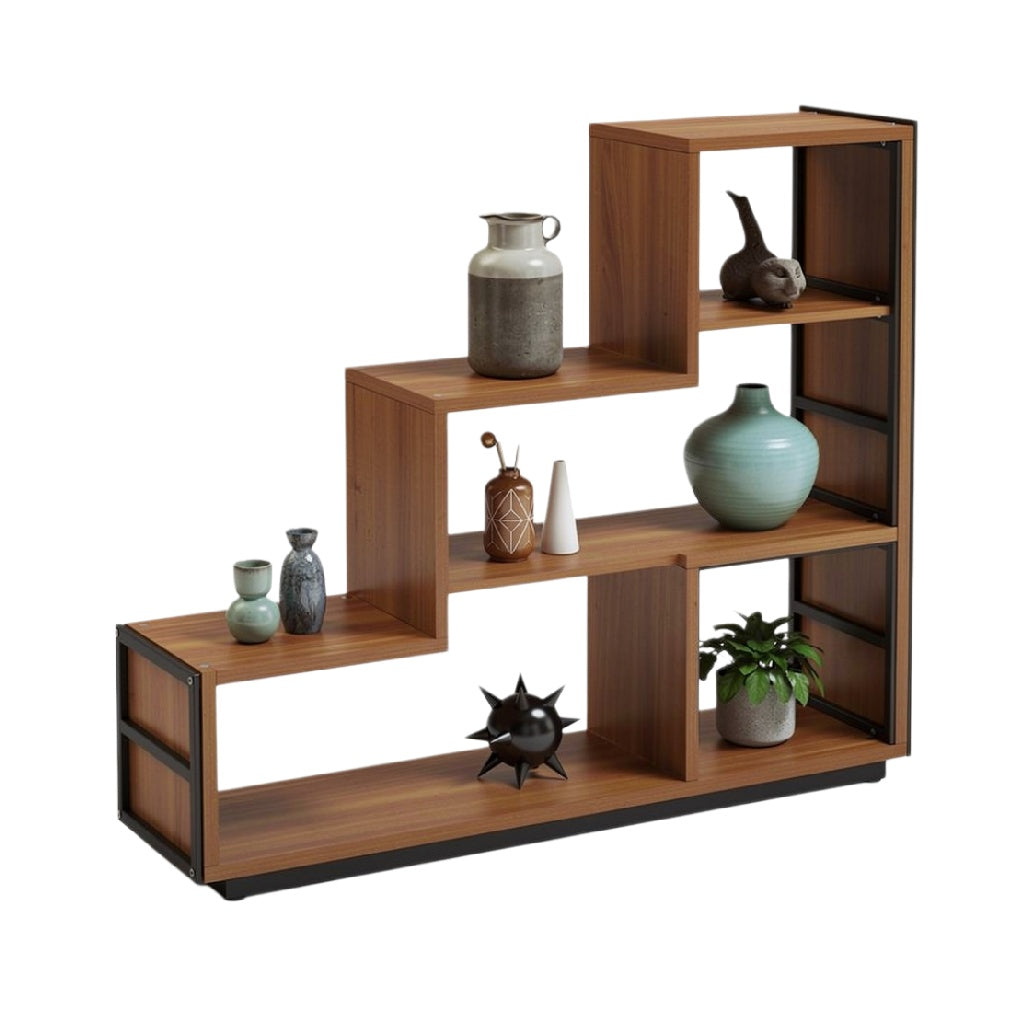 Title: "Modern Wooden Stair-Step Shelf with Decorative Vases and Plants"