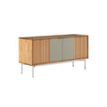 "Modern Wooden Sideboard with Slatted Design and Sleek Gray Doors"