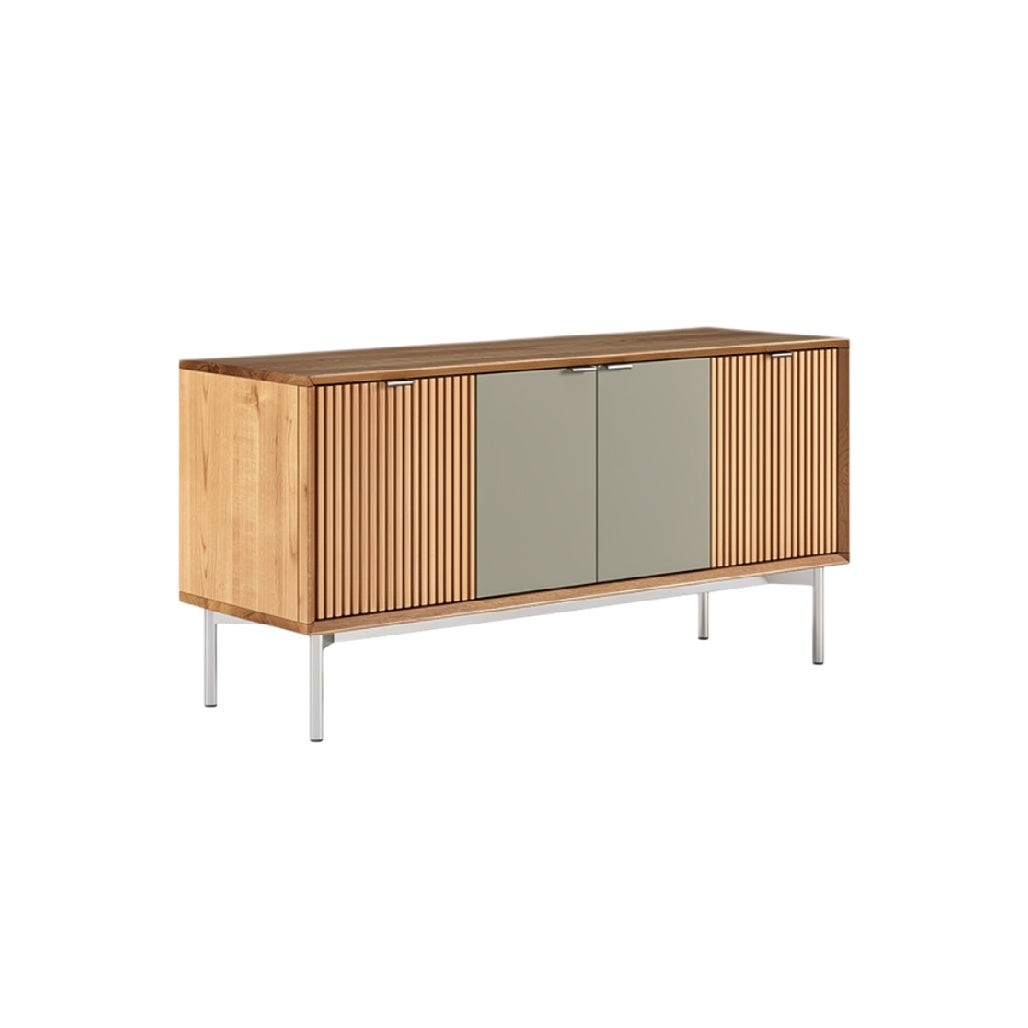"Modern Wooden Sideboard with Slatted Design and Sleek Gray Doors"