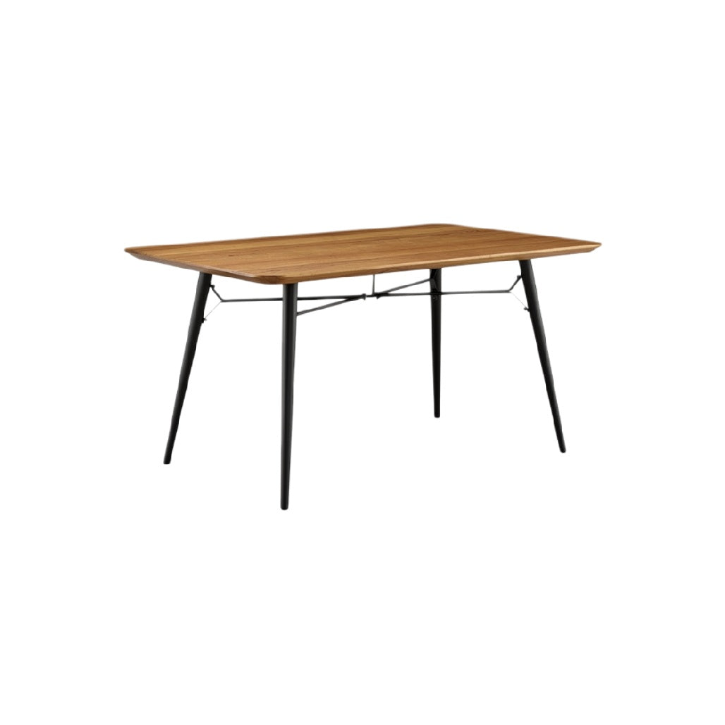 "Modern Wooden Table with Black Metal Legs"